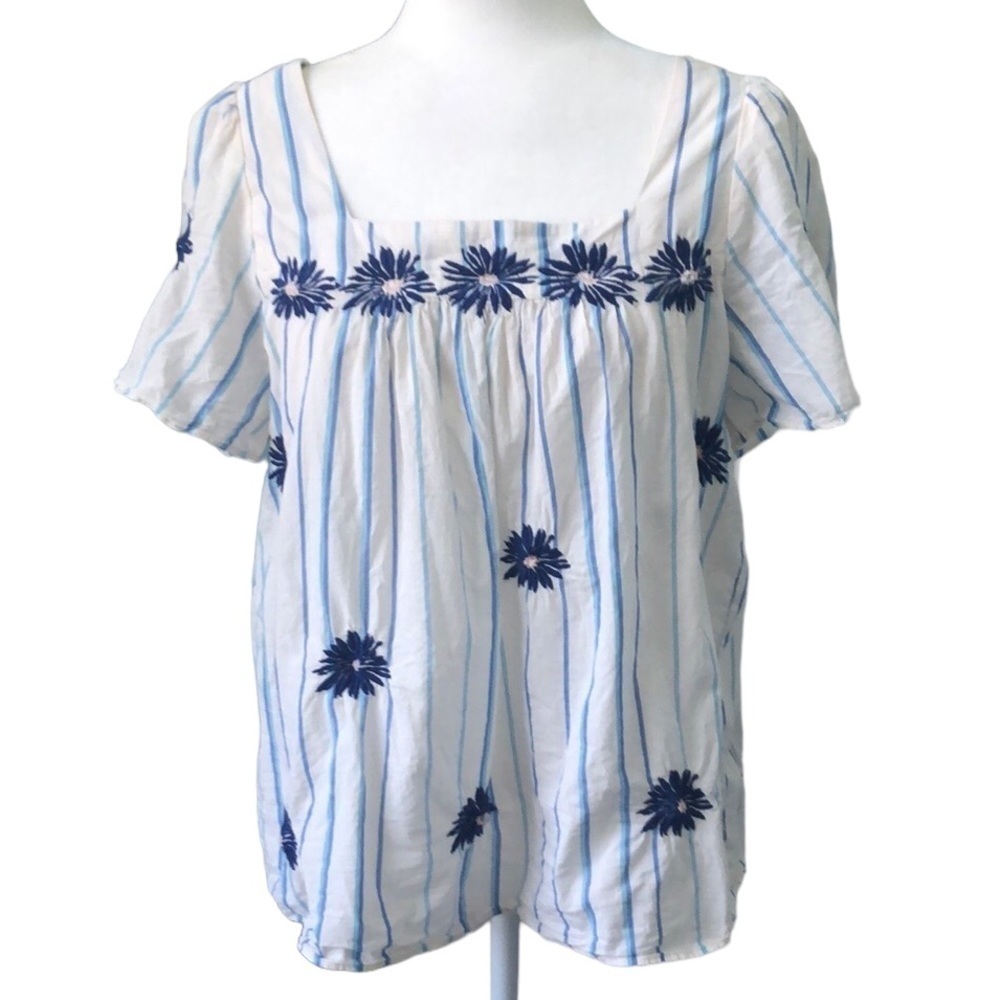 Madewell White and Blue Floral Blouse